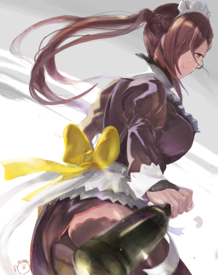 1girl alcohol black_dress bottle breasts bridal_gauntlets brown_eyes brown_hair cowboy_shot dress fire_emblem fire_emblem_fates fire_emblem_heroes glass_bottle hair_over_one_eye holding kagero_(fire_emblem) kagero_(halloween)_(fire_emblem) large_breasts long_hair long_sleeves looking_at_viewer looking_back maid maid_headdress official_alternate_costume oh01861884 ponytail puffy_sleeves simple_background solo thigh-highs wine wine_bottle