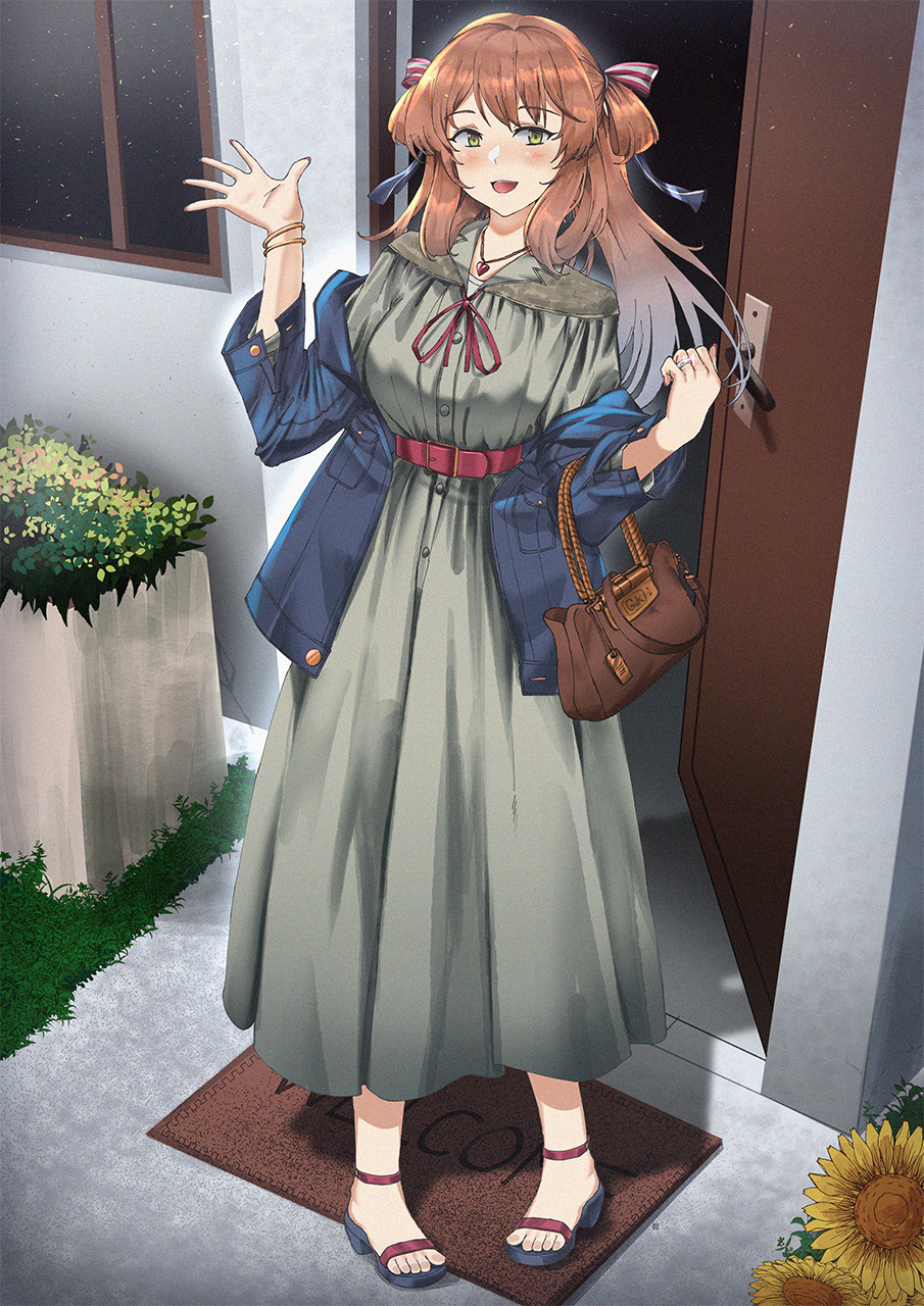 1girl alternate_costume arms_up bag belt blush breasts brown_bag brown_hair commission denim denim_jacket dress full_body girls_frontline green_eyes grey_dress hair_ribbon hair_rings heart heart_necklace highres jacket jewelry long_hair necklace off_shoulder open_clothes open_jacket open_mouth persocon93 pixiv_commission red_belt red_ribbon ribbon ring smile solo springfield_(girls'_frontline) wedding_ring