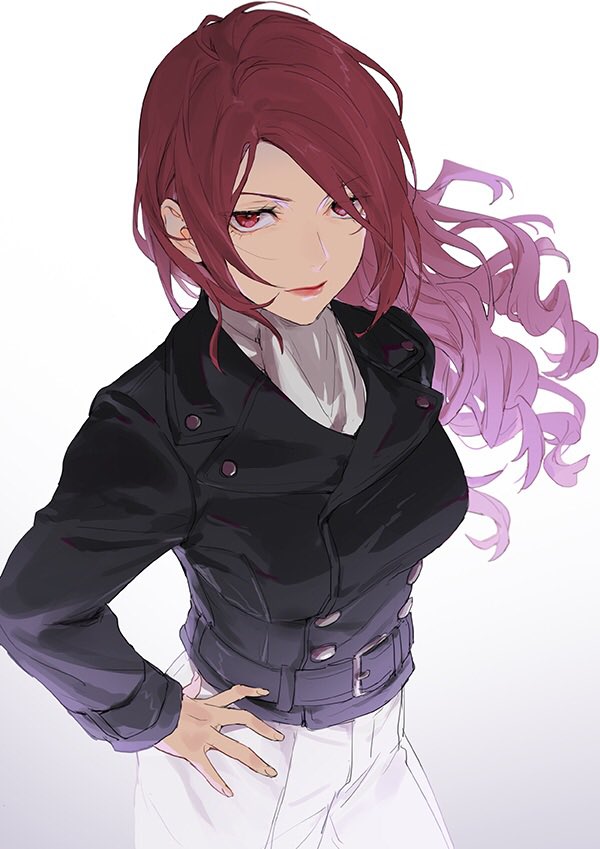 1girl alternate_costume black_jacket breasts buttons closed_mouth commentary_request drill_hair fingernails floating_hair hand_on_own_hip isa_(peien516) jacket kirijou_mitsuru lips long_hair long_sleeves looking_at_viewer medium_breasts pants persona persona_3 pink_lips red_eyes redhead scarf solo very_long_hair white_pants white_scarf