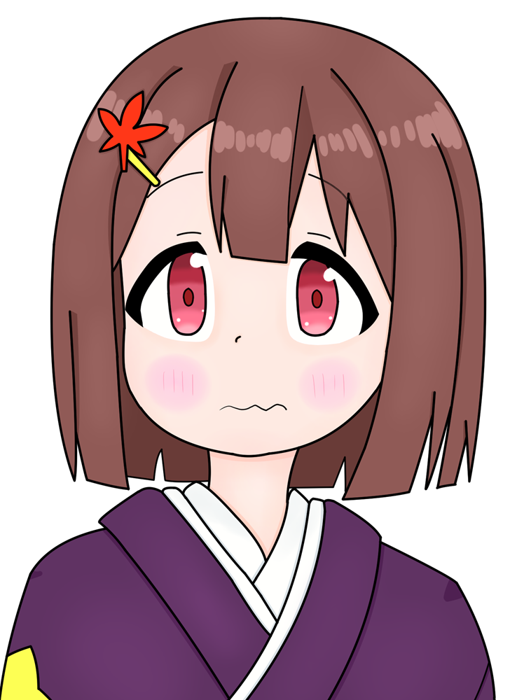 1girl blunt_bangs blunt_ends blush blush_stickers bob_cut brown_hair closed_mouth commentary_request double-parted_bangs hair_ornament hairclip hozuki_momiji japanese_clothes kimono leaf leaf_hair_ornament maple_leaf onii-chan_wa_oshimai! portrait purple_kimono red_eyes shiro_ookami_ro short_hair simple_background solo tareme wavy_mouth white_background