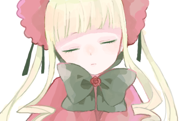 1girl bad_drawr_id bad_id black_ribbon blonde_hair blunt_bangs bonnet bow bowtie capelet close-up closed_eyes closed_mouth facing_viewer flower green_bow green_bowtie head_tilt large_bow lolita_fashion long_hair oekaki portrait red_capelet red_flower red_headwear red_rose ribbon rose rozen_maiden shinku sidelocks simple_background solo straight-on twintails u_u ume_chazuke_(rid) white_background
