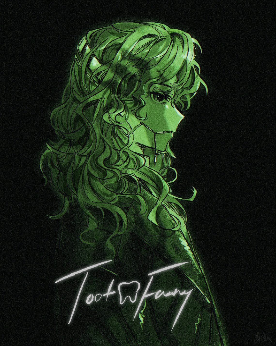 1girl artist_name black_background braces character_name coat curly_hair from_side green_theme highres long_hair looking_at_viewer profile reverse:1999 senzhuren shadow signature solo tooth_fairy_(reverse:1999) upper_body