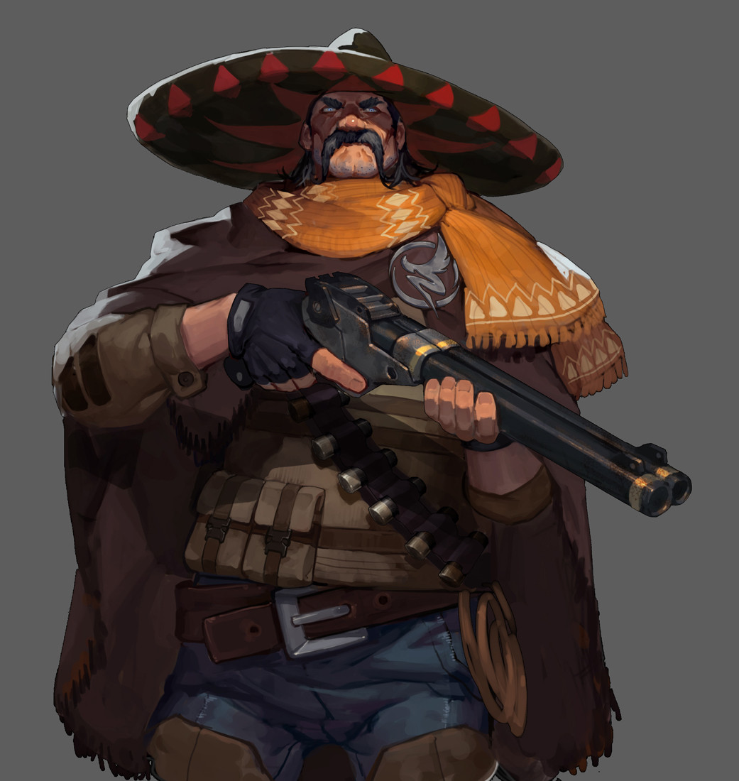 1boy beard_stubble copyright_request cowboy_shot fl_(l-fl) gun hat holding holding_gun holding_weapon large_belt long_mustache male_focus medium_hair official_art old old_man solo sombrero thick_eyebrows thick_mustache weapon wrinkled_skin