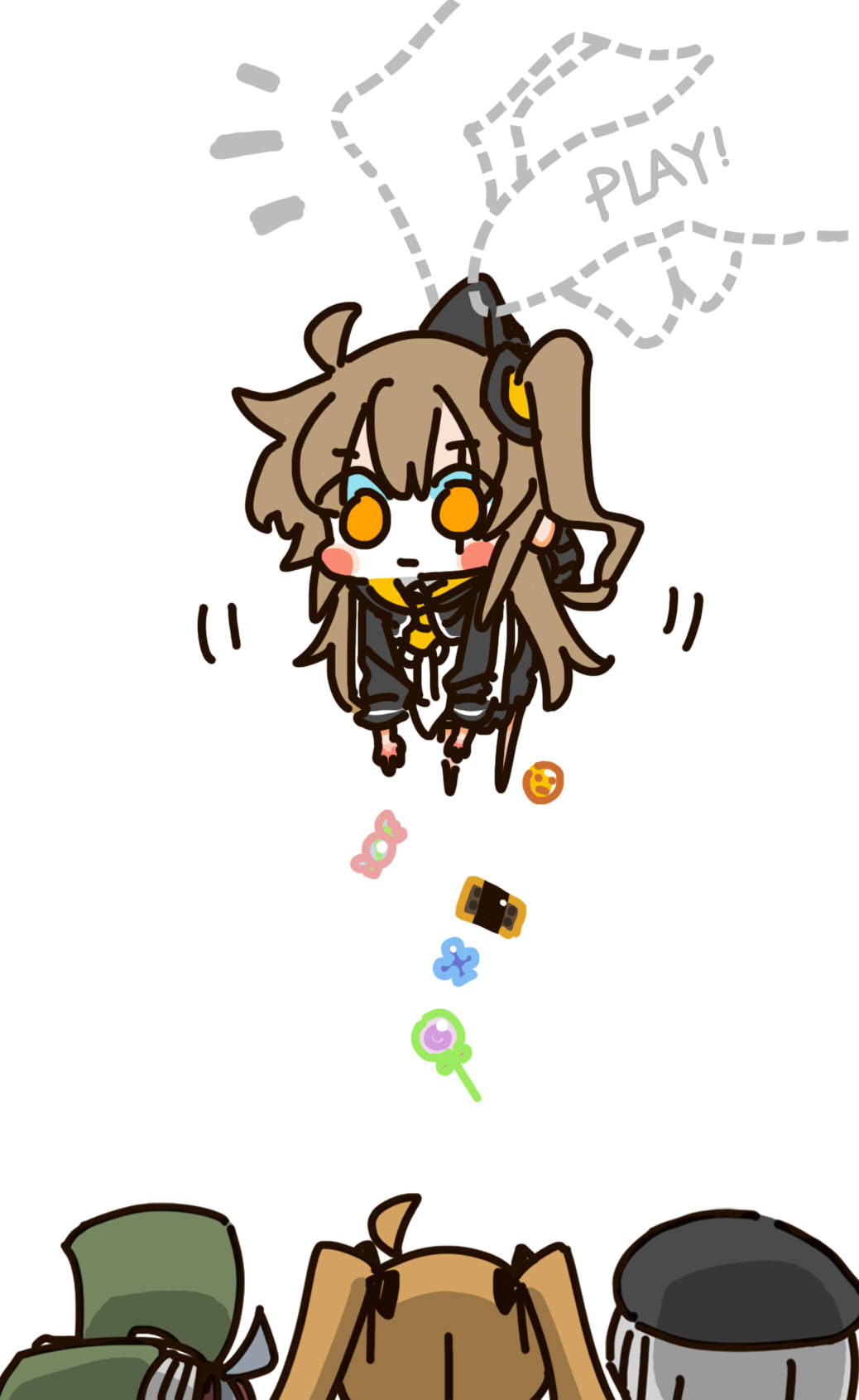 404_(girls'_frontline) 4girls ahoge beret black_headwear black_jacket black_ribbon blush_stickers brown_hair candy candy_wrapper chibi chibi_only chinese_commentary closed_mouth commentary_request disembodied_limb dotted_line dropping expressionless food full_body g11_(girls'_frontline) gameplay_mechanics girls_frontline green_headwear grey_hair hair_between_eyes hair_ribbon hat held_up highres hk416_(girls'_frontline) invisible_man jacket lifting_person lollipop long_hair long_sleeves multiple_girls notice_lines one_side_up picking_up ribbon scar scar_across_eye shirt simple_background su_xiao_jei suspension twintails ump45_(girls'_frontline) ump9_(girls'_frontline) white_background white_shirt yellow_eyes