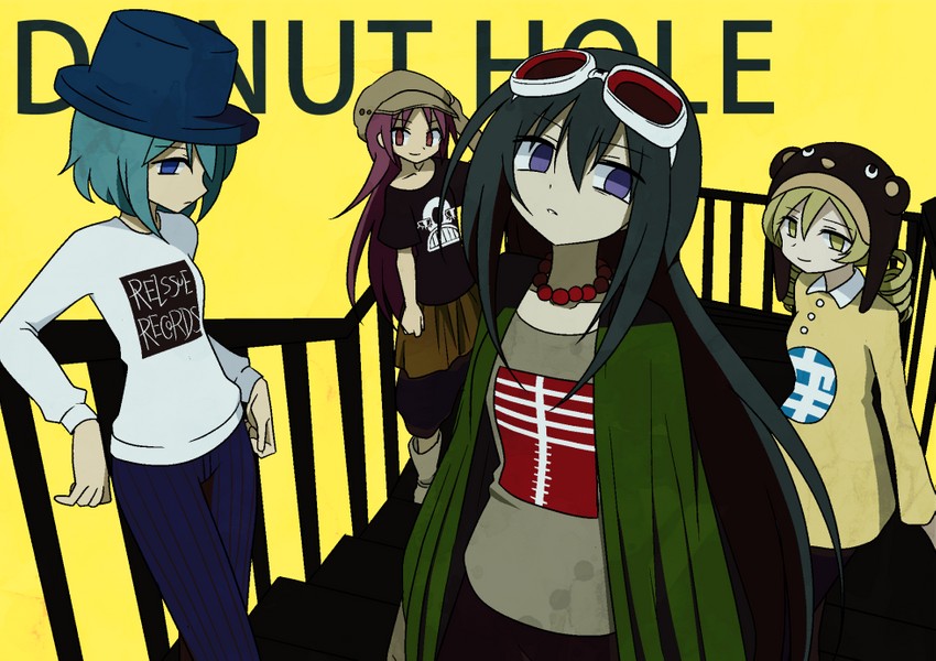 4girls against_railing akemi_homura arm_support beanie beret black_hair black_shirt blonde_hair blue_hair blue_pants boots commentary_request copyright_name cosplay crossover donut_hole_(vocaloid) dress drill_hair goggles goggles_on_head green_jacket grey_shirt gumi gumi_(cosplay) hat hatsune_miku hatsune_miku_(cosplay) head_tilt jacket jewelry kagamine_rin kagamine_rin_(cosplay) long_hair long_sleeves looking_away mahou_shoujo_madoka_magica mahou_shoujo_madoka_magica_(anime) megurine_luka megurine_luka_(cosplay) miki_sayaka multiple_girls necklace pants parted_lips pearl_necklace pokki_(sue_eus) railing red_eyes redhead sakura_kyoko shirt short_hair simple_background stairs tomoe_mami top_hat twin_drills violet_eyes vocaloid white_shirt yellow_background yellow_dress yellow_eyes