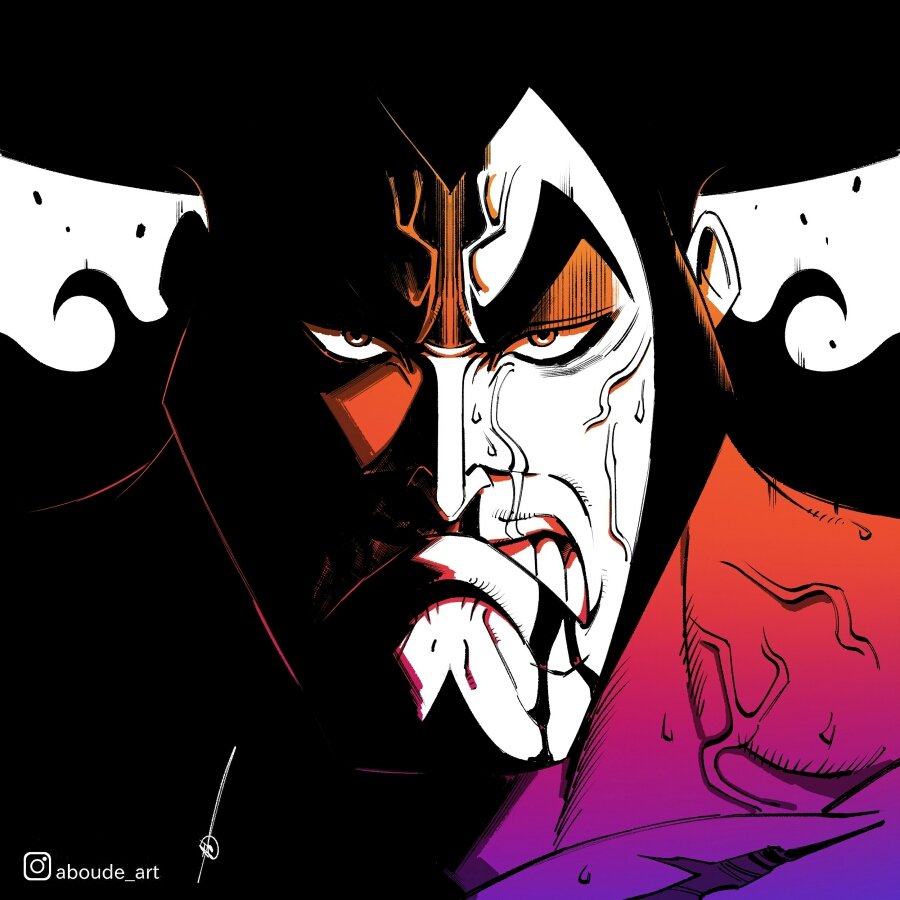 1boy aboude_art anger_vein arabic_commentary artist_name black_hair blood blood_on_mouth clenched_teeth commentary_request english_commentary facial_hair goatee instagram_logo instagram_username kouzuki_oden limited_palette long_hair looking_at_viewer male_focus mixed-language_commentary one_piece sideburns signature solo teeth thick_eyebrows