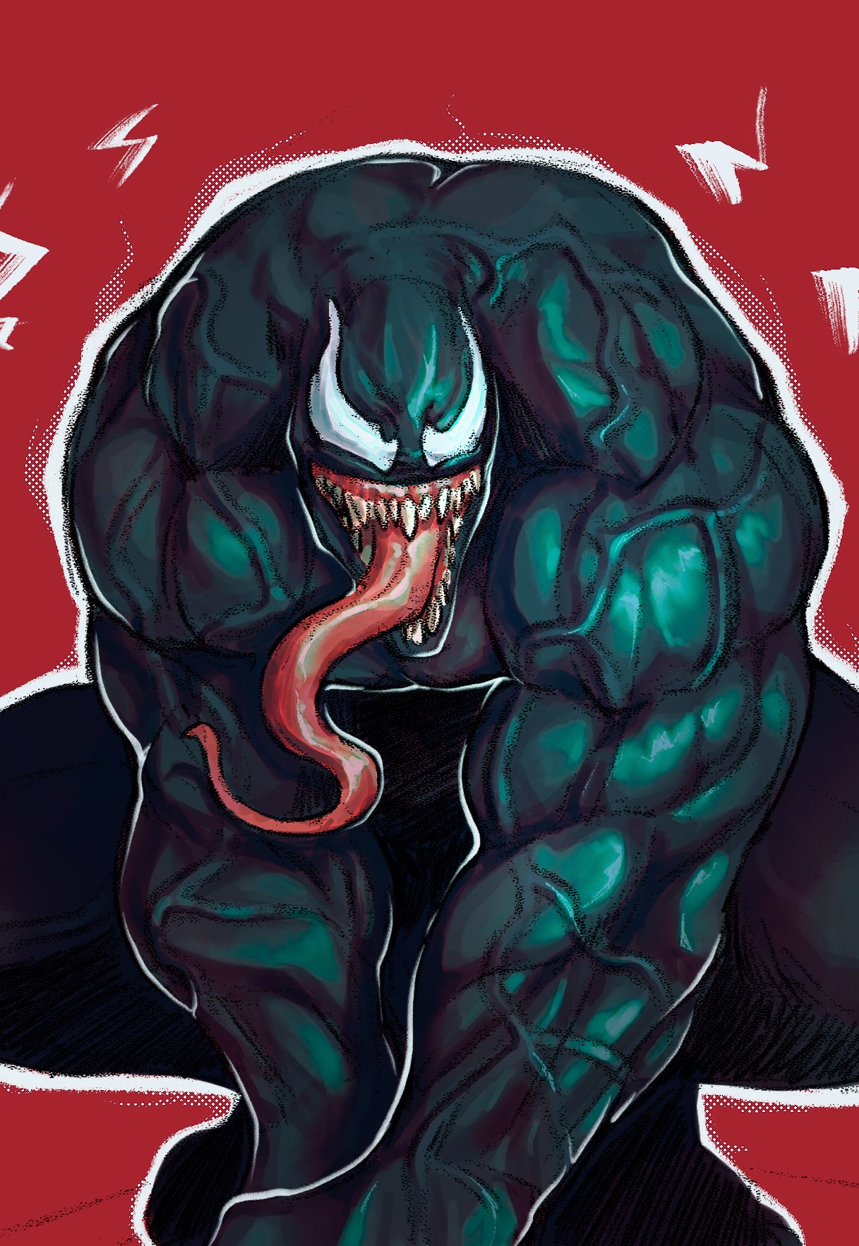 1boy black_skin colored_skin hands_on_ground highres long_tongue looking_at_viewer male_focus marvel mixter_art monster_boy muscular muscular_male sharp_teeth solo spider-man_(series) symbiote teeth thick_arms tongue tongue_out veins veiny_arms venom_(marvel)