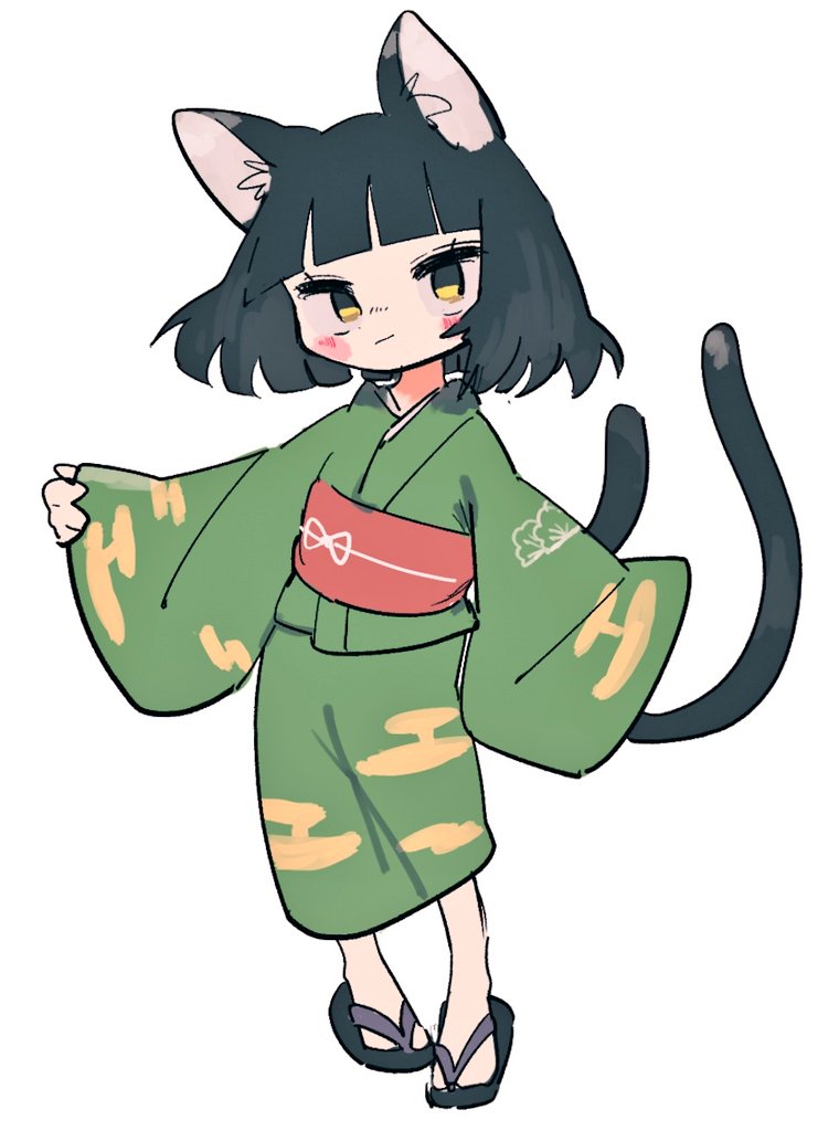 1girl animal_ears black_hair buttergirl_02 cat_ears cat_girl cat_tail geta green_kimono japanese_clothes kimono looking_at_viewer multiple_tails obi original print_kimono red_sash sandals sash short_hair simple_background solo standing tail white_background wide_sleeves zouri
