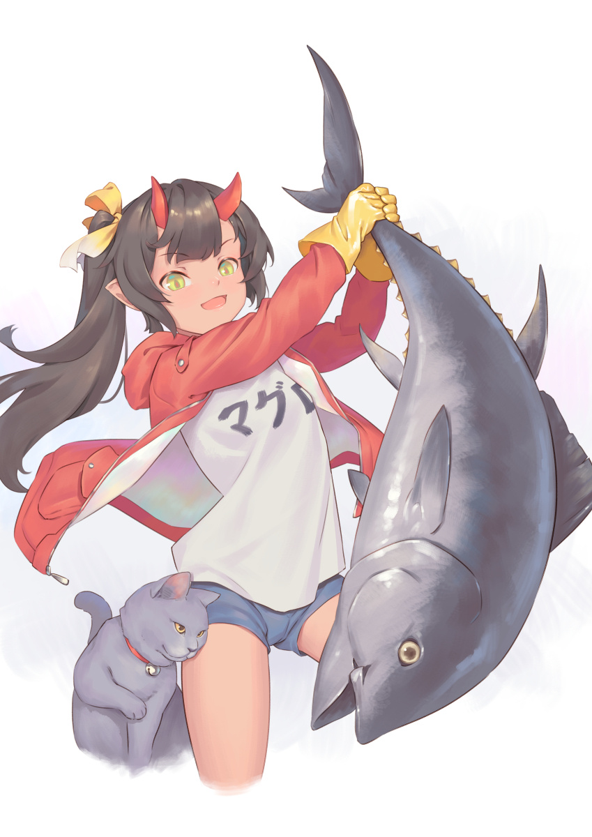 1girl animal animal_ears bigrbear black_hair blue_shorts cat chinese_commentary clothes_writing commentary_request fish gloves gradient_background green_eyes grey_background hair_ribbon highres holding holding_animal holding_fish horns jacket long_sleeves looking_at_viewer oni oni_horns open_mouth original pointy_ears red_horns red_jacket ribbon shirt shorts smile solo white_shirt yellow_gloves yellow_ribbon