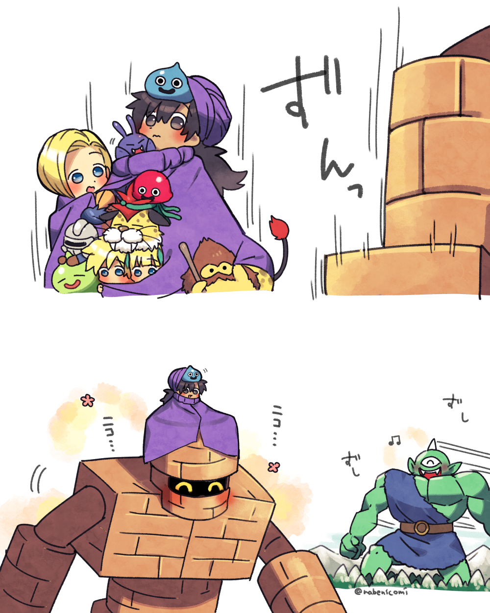 2boys 2girls bianca_(dq5) black_hair blonde_hair blue_eyes blush blush_stickers borongo bow cape child cloak commentary_request cureslime cyclops_(dragon_quest) dracky dragon_quest dragon_quest_v family father_and_daughter father_and_son flower golem_(dragon_quest) green_bow hair_bow hammerhood_(dragon_quest) height_difference hero's_daughter_(dq5) hero's_son_(dq5) hero_(dq5) highres husband_and_wife jumping long_hair low_ponytail monster mother_and_daughter mother_and_son motion_lines mountain multiple_boys multiple_girls musical_note nabenko on_head purple_cape purple_cloak purple_headwear short_hair siblings size_difference slime_knight smile spiky_hair standing turban twins warming white_background