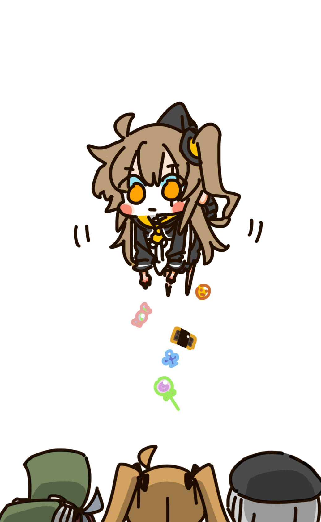 404_(girls'_frontline) 4girls ahoge beret black_headwear black_jacket black_ribbon blush_stickers brown_hair candy candy_wrapper chibi chibi_only chinese_commentary closed_mouth commentary_request dropping expressionless food full_body g11_(girls'_frontline) gameplay_mechanics girls_frontline green_headwear grey_hair hair_between_eyes hair_ribbon hat held_up highres hk416_(girls'_frontline) jacket lifting_person lollipop long_hair long_sleeves multiple_girls one_side_up picking_up ribbon scar scar_across_eye shirt simple_background su_xiao_jei suspension twintails ump45_(girls'_frontline) ump9_(girls'_frontline) white_background white_shirt yellow_eyes