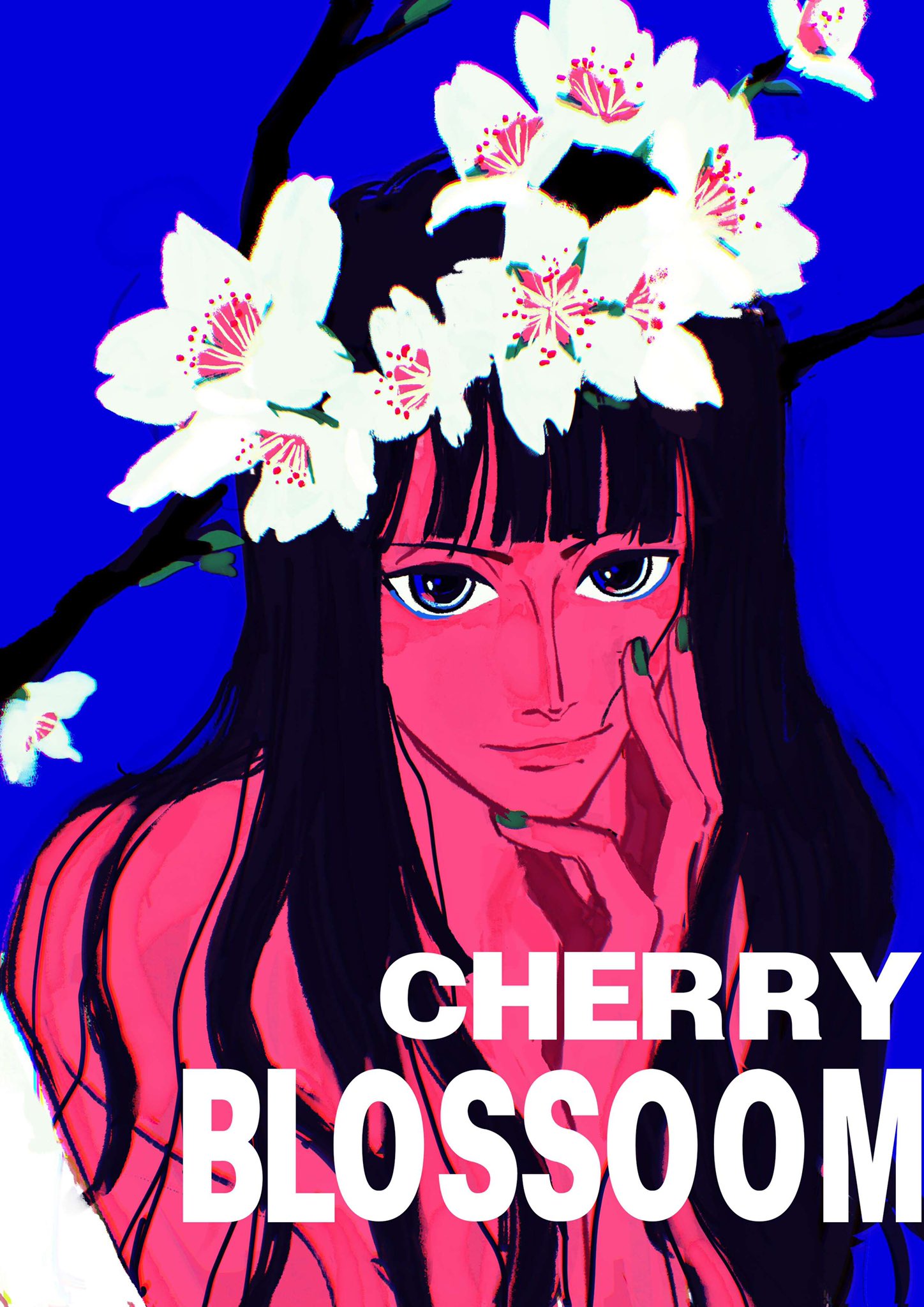1girl black_hair blue_background blue_eyes blunt_bangs branch cherry_blossoms close-up commentary_request green_nails highres light_smile long_hair looking_at_viewer nico_robin one_piece simple_background solo ttongyyu upper_body