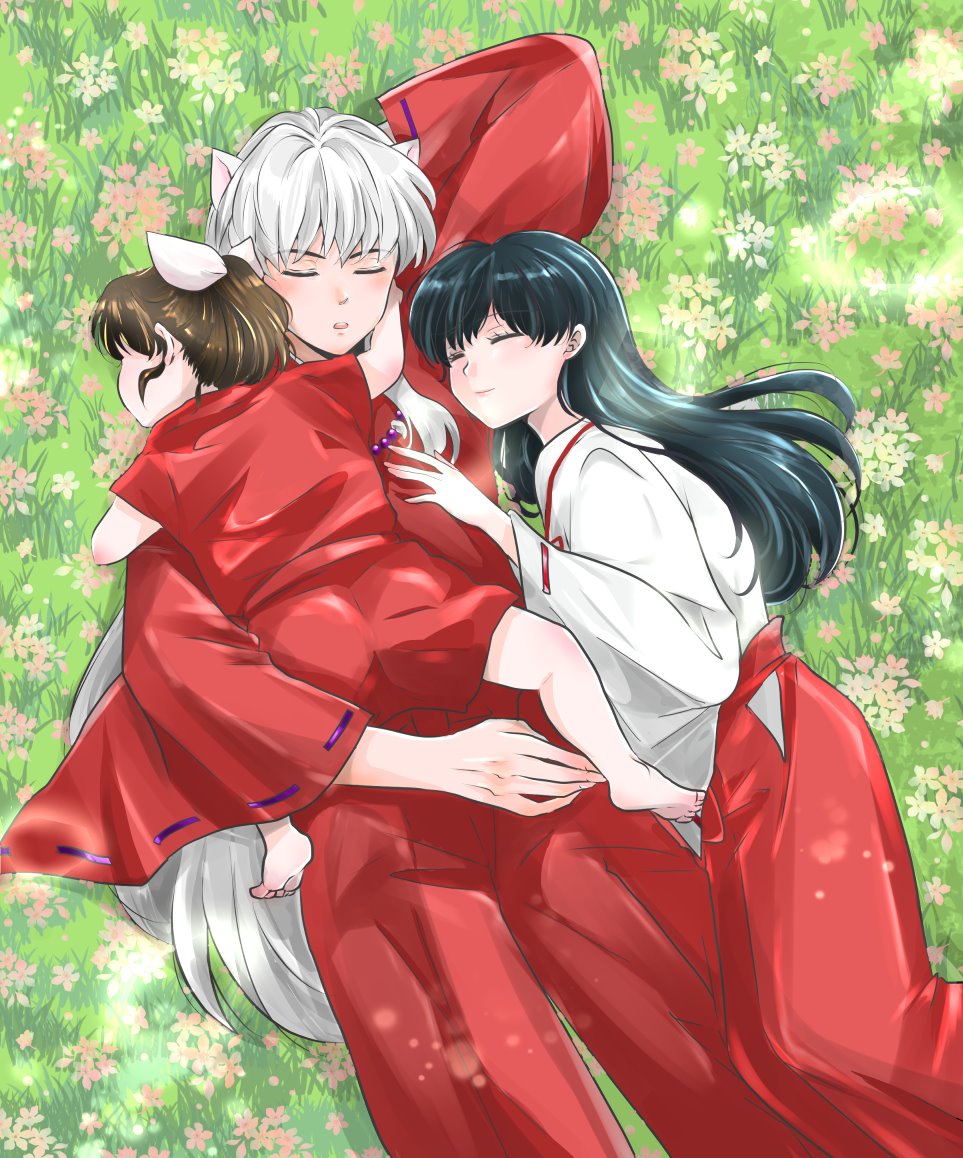 1boy 2girls animal_ears arm_behind_head barefoot bead_necklace beads black_hair bow child closed_eyes closed_mouth daytodaydesire demon_boy dog_boy dog_ears family father_and_daughter feet_out_of_frame field flower flower_field hair_bow hand_on_another's_chest higurashi_kagome inuyasha inuyasha_(character) japanese_clothes jewelry long_sleeves miko moroha mother_and_daughter multiple_girls necklace outdoors pants parent_and_child parted_lips red_pants red_shirt red_shorts shirt shorts sidelocks sleeping smile tooth_necklace white_bow white_hair white_shirt wide_sleeves