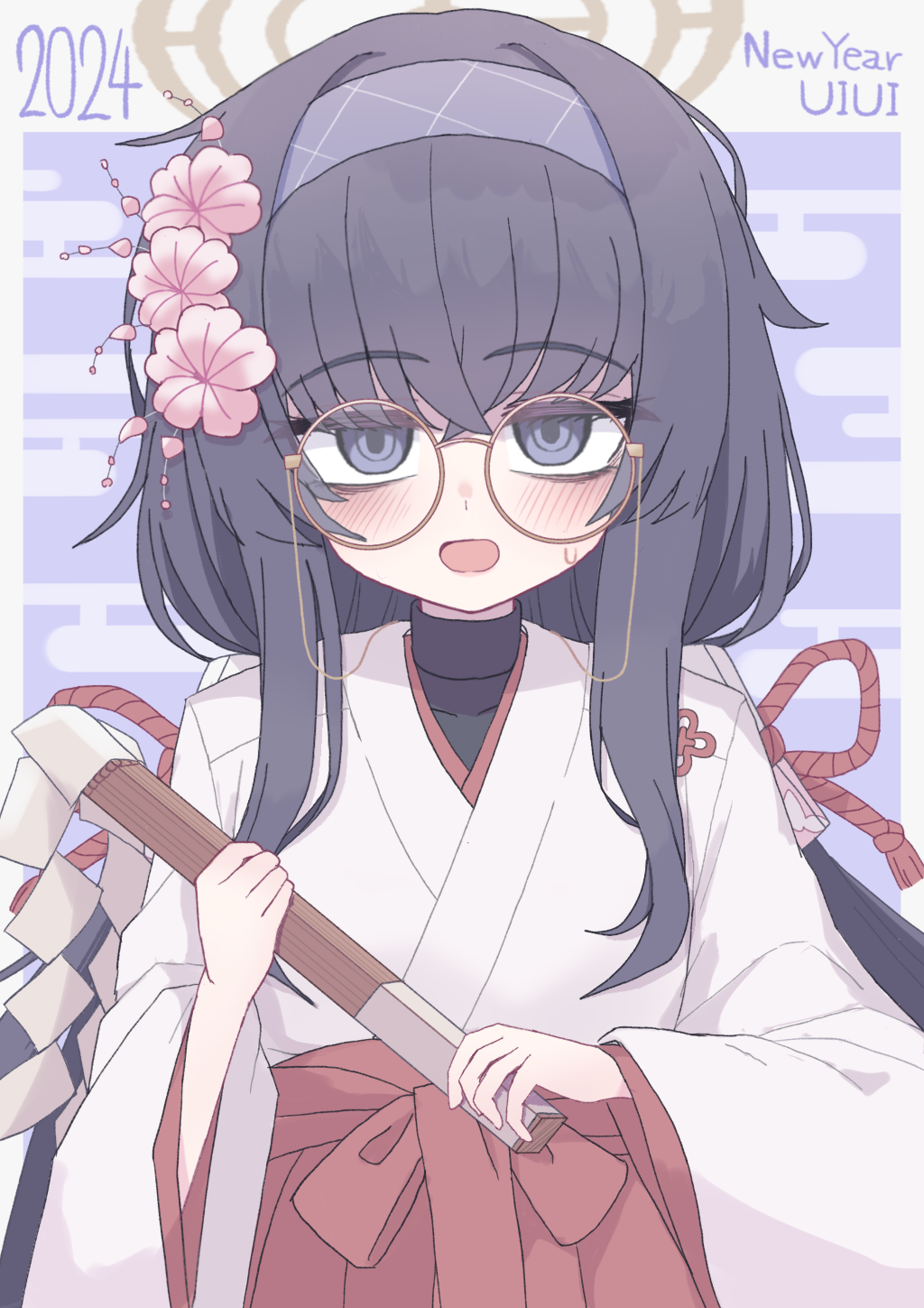 1girl 2024 alternate_costume bags_under_eyes black_eyes black_hair blue_archive blue_background blue_hairband blush commentary english_commentary flower glasses hair_flower hair_ornament hairband halo highres japanese_clothes long_hair long_sleeves looking_at_viewer miko open_mouth round_eyewear solo tkugane ui_(blue_archive) upper_body yellow_halo