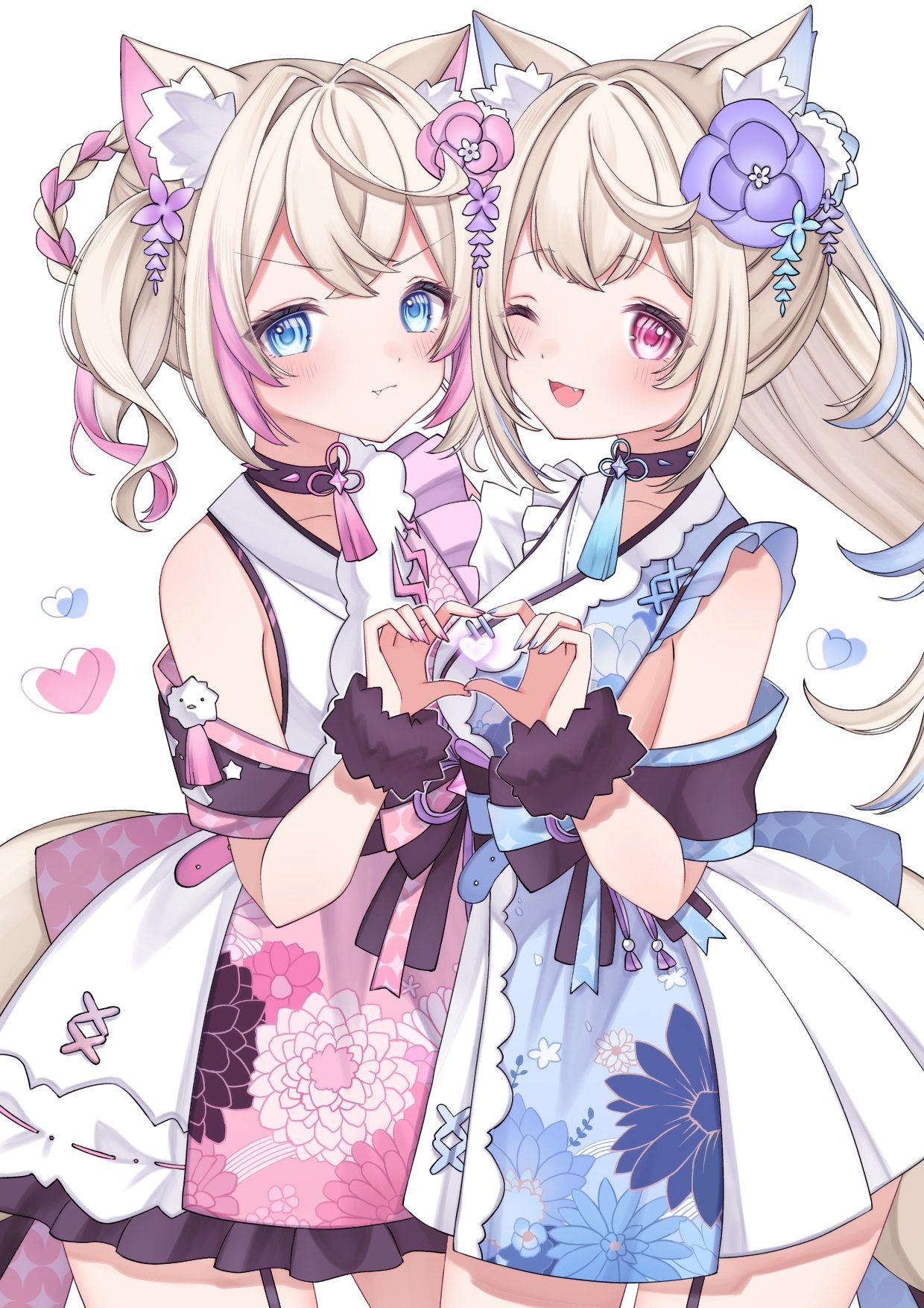 2girls :3 animal_ear_fluff animal_ears blonde_hair blue_hair blue_kimono blue_nails blush closed_mouth dog_ears dog_girl dog_tail fang floral_print_kimono flower fuwawa_abyssgard fuwawa_abyssgard_(new_year) hair_flower hair_ornament haru_hhmn heart heart_hands highres hololive hololive_english japanese_clothes kimono long_hair mococo_abyssgard mococo_abyssgard_(new_year) multiple_girls official_alternate_costume one_eye_closed open_mouth pink_hair pink_kimono pink_nails ponytail short_hair siblings sisters sleeveless sleeveless_kimono smile tail twins twintails virtual_youtuber