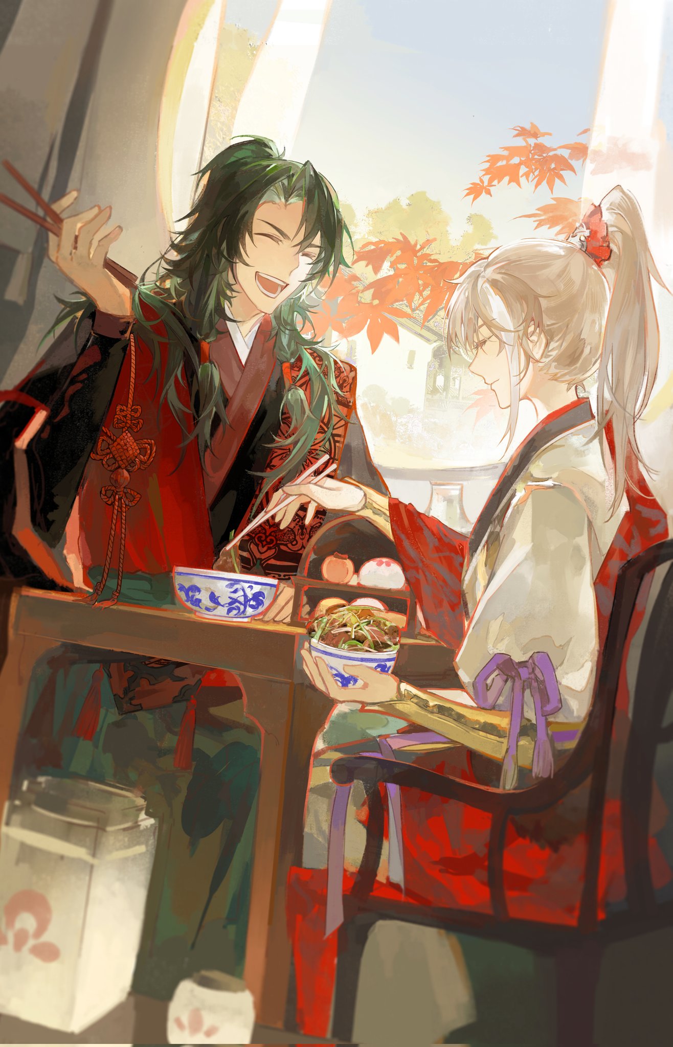 2boys archer_(fate/samurai_remnant) arm_guards autumn autumn_leaves black_hanfu bowl chinese_clothes chinese_hairpin chopsticks closed_eyes curtains fate/samurai_remnant fate_(series) food gaelyon green_hair grey_hair half_updo hanfu high_ponytail highres holding holding_bowl holding_chopsticks leaf low-tied_sidelocks maple_leaf multicolored_hair multiple_boys red_robe robe round_window sitting smile streaked_hair window xiao_guan_(headdress) zheng_chenggong_(fate)