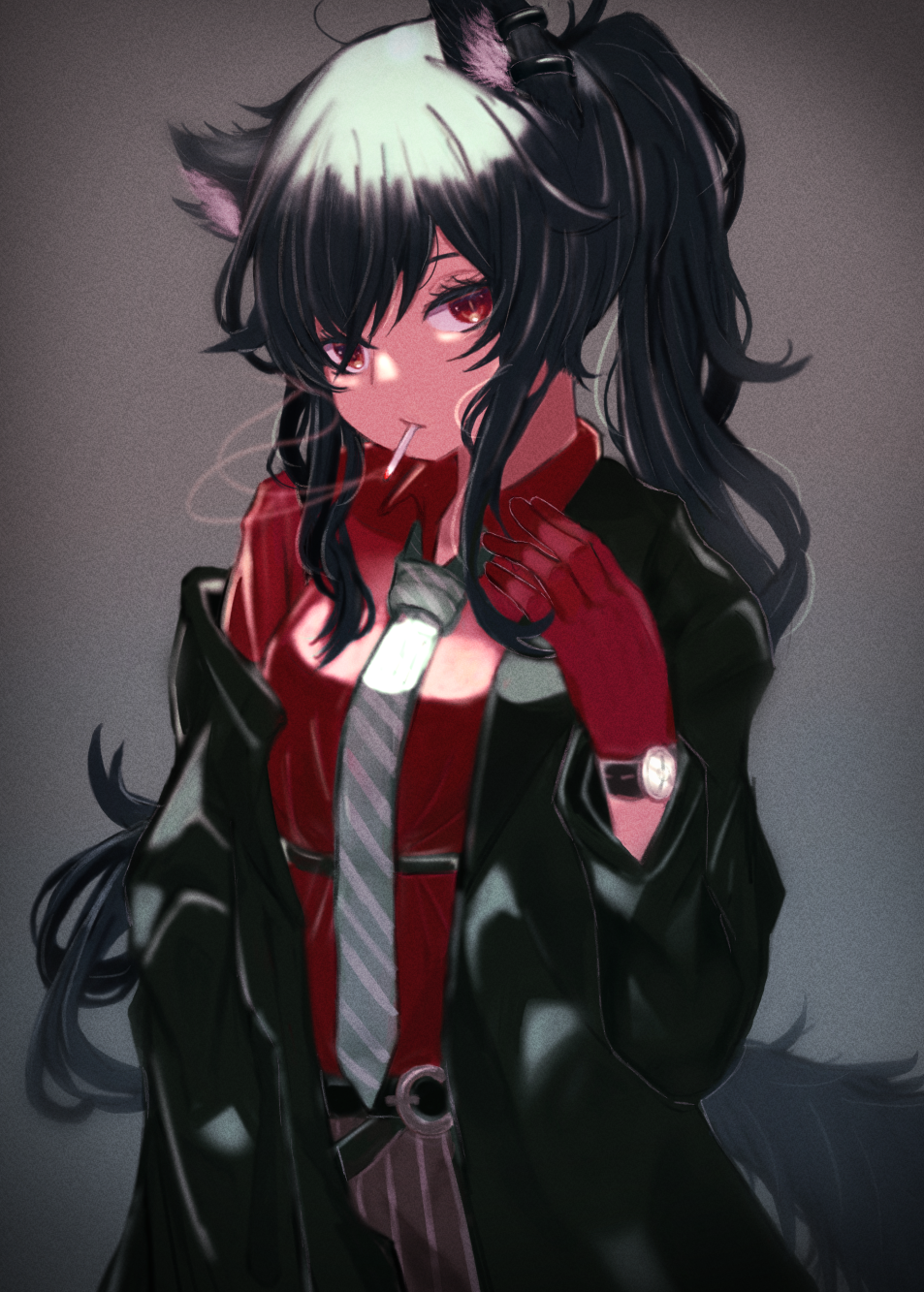1girl animal_ear_piercing animal_ears arknights ayahito_(aya10n) black_coat black_hair black_shorts cigarette coat collared_shirt dress_shirt gloves grey_background hand_up highres mouth_hold official_alternate_costume open_clothes open_coat ponytail red_eyes red_gloves red_shirt shirt shorts sidelocks simple_background smoking solo striped striped_shorts tail texas_(arknights) texas_(willpower)_(arknights) watch watch wolf_ears wolf_girl wolf_tail