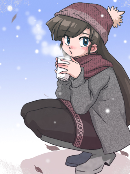 1girl blue_eyes blush boots brown_hair cold hat kuonji_ukyou leaf open_mouth ranma_1/2 red_scarf scarf shadow snow solo squatting wanta_(futoshi)