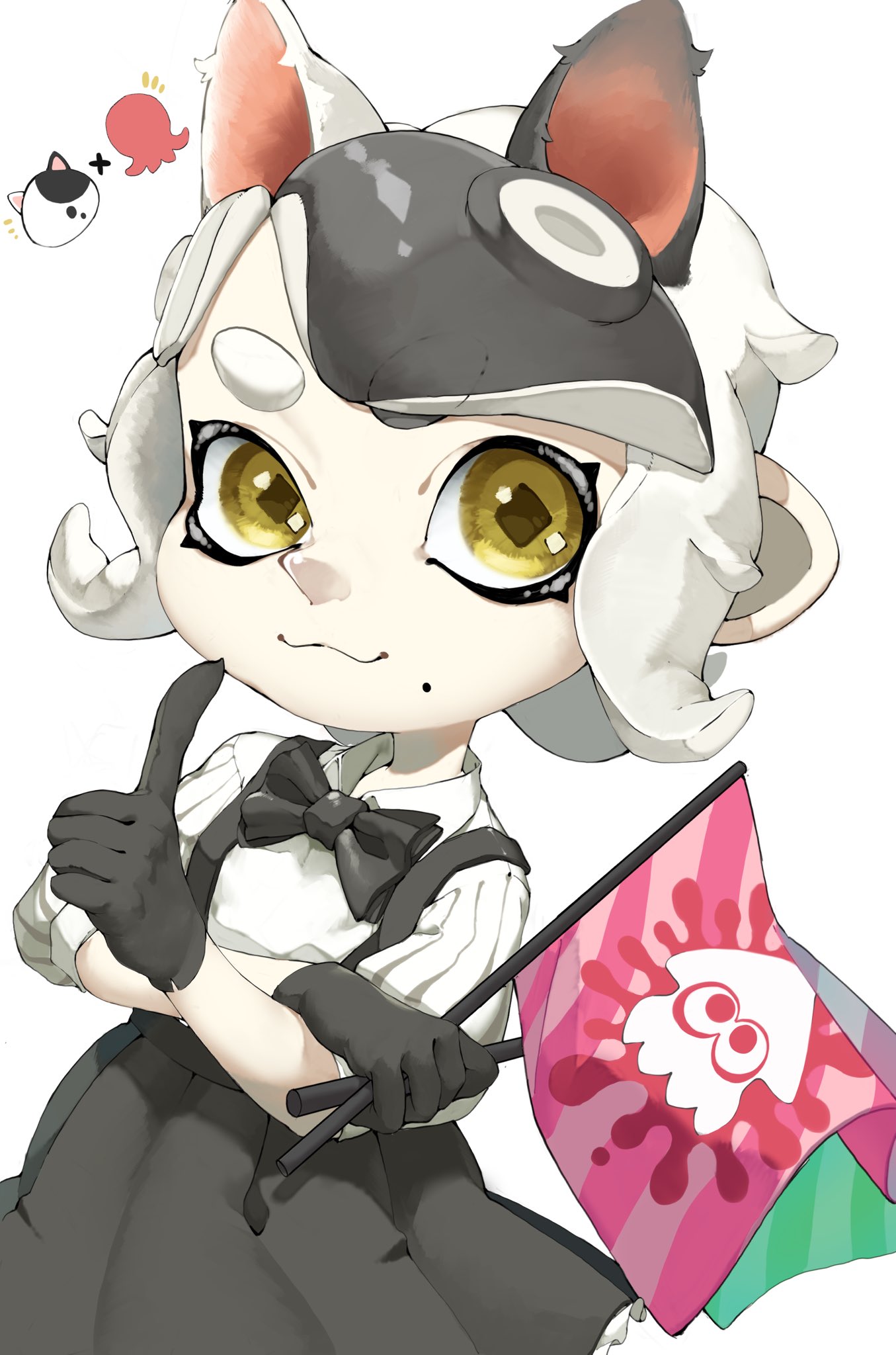 1girl :3 a_a2001214 black_bow black_bowtie black_gloves black_hair bow bowtie closed_mouth commentary_request cosplay flag gloves highres holding holding_flag index_finger_raised judd_(splatoon) judd_(splatoon)_(cosplay) looking_at_viewer mole mole_under_mouth multicolored_hair octoling octoling_girl pink_flag short_hair simple_background solo splatoon_(series) squid_print standing tentacle_hair two-tone_hair upper_body white_background white_hair yellow_eyes
