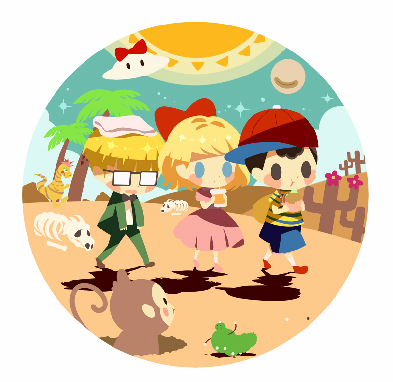 1girl 2boys animal_skeleton black_bow black_bowtie blonde_hair blue_eyes blue_shorts blush_stickers bow bowtie brown_footwear burger cactus chibi cup desert dress eating food green_jacket green_pants hitofutarai holding holding_cup holding_food jacket jeff_andonuts monkey mother_(game) mother_2 multiple_boys ness_(mother_2) open_mouth palm_tree pants paula_(mother_2) pink_dress pink_footwear red_footwear round_image shirt shorts sideways_hat solid_oval_eyes striped striped_shirt sun sweatdrop towel towel_on_head tree ufo walking