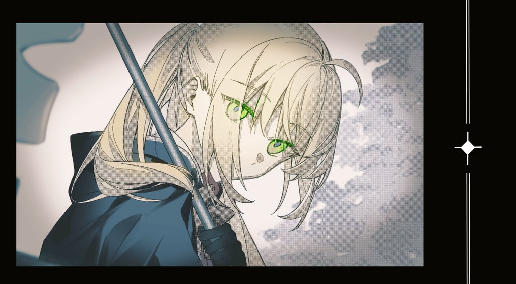 1girl ahoge artoria_caster_(fate) artoria_caster_(second_ascension)_(fate) artoria_pendragon_(fate) black_gloves blonde_hair blue_capelet capelet closed_mouth expressionless eyes_visible_through_hair fate/grand_order fate_(series) gloves green_eyes holding idass_(idass16) long_hair looking_at_viewer muted_color ponytail solo upper_body