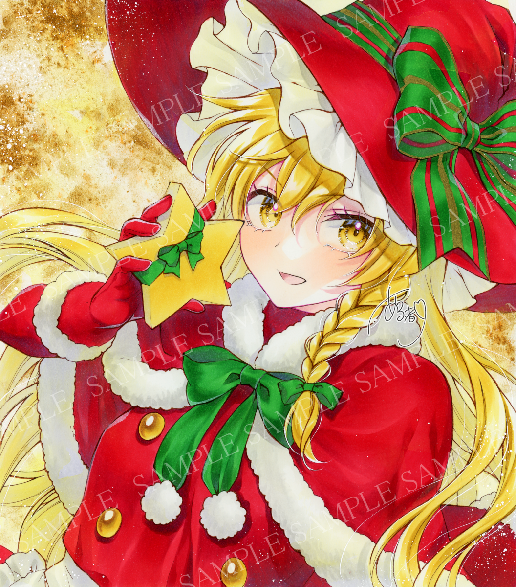 1girl adapted_costume alto2019 blonde_hair bow braid capelet christmas fur_trim gloves hat hat_bow highres kirisame_marisa marker_(medium) red_capelet red_gloves red_headwear santa_costume single_braid solo star_(symbol) touhou traditional_media witch_hat yellow_eyes