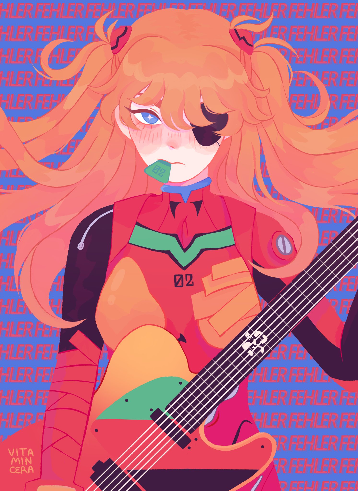 1girl artist_name bad_id bad_twitter_id blue_eyes bodysuit commentary electric_guitar english_commentary eyepatch fender_telecaster floating_hair guitar highres holding holding_guitar holding_instrument instrument interface_headset long_hair looking_at_viewer neon_genesis_evangelion pilot_suit plectrum_in_mouth plugsuit rebuild_of_evangelion red_bodysuit redhead solo souryuu_asuka_langley star-shaped_pupils star_(symbol) symbol-shaped_pupils upper_body vitamincera
