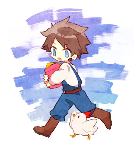 1boy animal belt bird blue_eyes blue_overalls blue_sky boots box brown_footwear brown_hair carrying chibi chicken clouds cloudy_sky commentary day full_body leather_belt long_sleeves lowres male_focus mgomurainu open_mouth original outdoors overalls running shirt short_hair sky solid_circle_eyes solo stardew_valley white_shirt