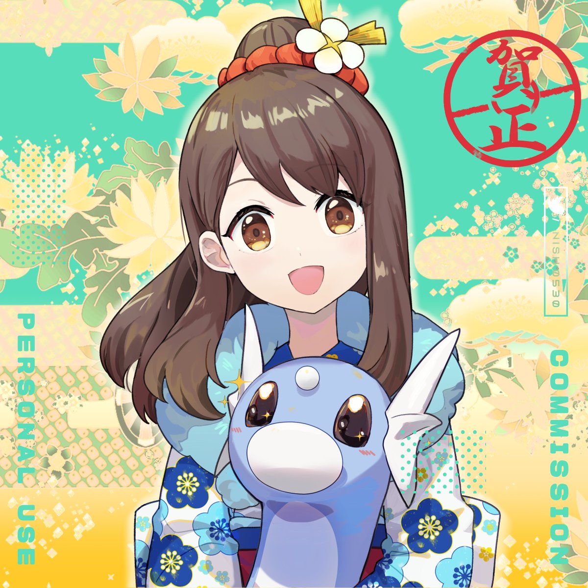 blue_background blue_skin blush brown_eyes brown_hair colored_skin commentary commission dratini flower forehead_jewel hair_flower hair_ornament head_wings highres hsin japanese_clothes kimono long_hair looking_at_viewer lotus open_mouth original pokemon pokemon_(creature) smile snake two-tone_background upper_body watermark wings yellow_background