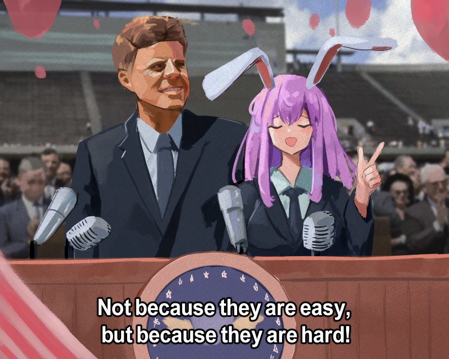 1boy 1girl animal_ears blue_jacket brown_hair closed_eyes clouds commentary day english_commentary english_text formal grey_necktie jacket john_f._kennedy long_hair microphone necktie outdoors people politician purple_hair rabbit_ears rabbit_girl real_life reisen_udongein_inaba short_hair stadium suit suit_jacket touhou vanilla_flan very_short_hair vintage_microphone