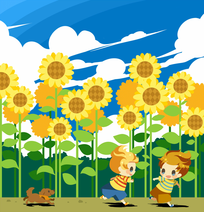2boys blonde_hair blue_shorts blue_sky blush_stickers boney brown_hair brown_shorts chasing claus_(mother_3) clouds field flower flower_field from_side hitofutarai lucas_(mother_3) male_focus mother_(game) mother_3 multiple_boys open_mouth outdoors running shirt shorts sky striped striped_shirt summer sunflower sunflower_field