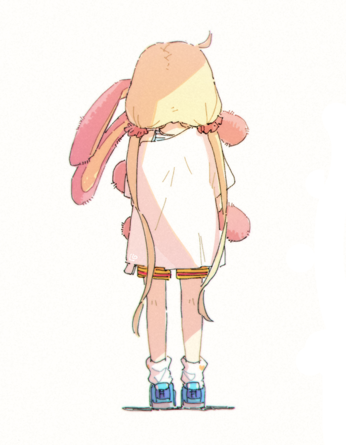 1girl blonde_hair facing_away from_behind full_body futaba_anzu holding holding_stuffed_toy idolmaster idolmaster_cinderella_girls long_hair low_twintails nendo23 shirt shoes shorts simple_background sneakers socks solo striped striped_shorts stuffed_animal stuffed_rabbit stuffed_toy t-shirt twintails white_background white_shirt