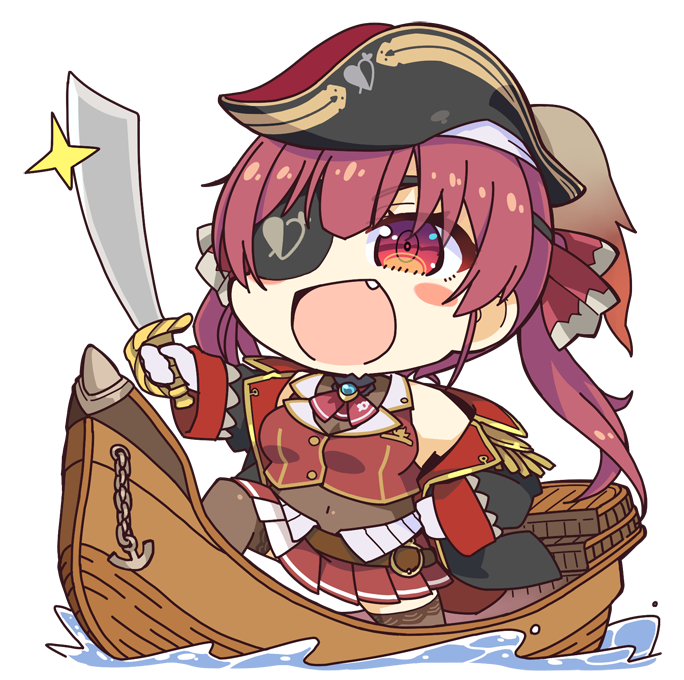 1girl :d anchor arrow_through_heart ascot black_thighhighs boat chibi coat commentary_request fang hair_ribbon hand_on_own_hip hat hololive houshou_marine houshou_marine_(1st_costume) jacket leotard leotard_under_clothes low_twintails pirate_hat pleated_skirt red_ascot red_eyes red_jacket red_ribbon red_skirt redhead ribbon saber_(weapon) sidelocks skirt sleeveless sleeveless_jacket smile solo sword thigh-highs tottori transparent_background twintails two-sided_coat two-sided_fabric virtual_youtuber watercraft weapon