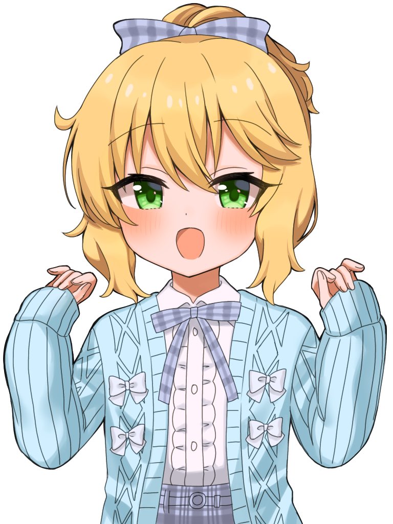 1girl :o blonde_hair blue_cardigan blush bow bowtie buttons cardigan checkered_bow checkered_bowtie checkered_clothes checkered_skirt dot_nose flat_chest frilled_shirt frills green_eyes hair_between_eyes hair_bow hands_up idolmaster idolmaster_cinderella_girls long_sleeves looking_at_viewer medium_hair open_cardigan open_clothes ponytail purple_bow purple_bowtie purple_skirt sakurai_momoka shirt sidelocks sinjin_46 skirt solo upper_body wavy_hair white_background white_bow white_shirt