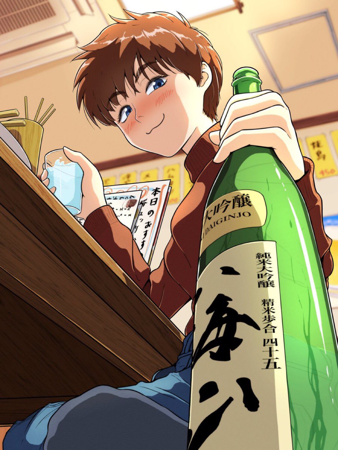 1girl alcohol blue_eyes brown_hair drinking izumi_noa kidou_keisatsu_patlabor mobile_police_patlabor sake sake_bottle