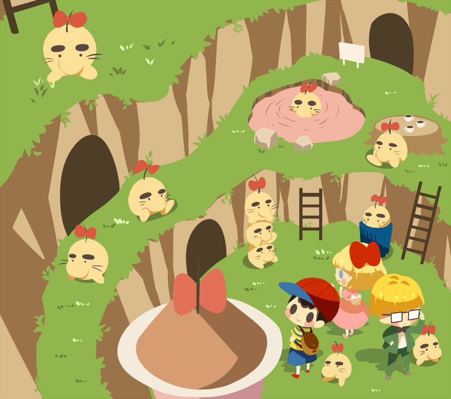 1girl 2boys adjusting_eyewear backpack bag baseball_cap black_bow black_bowtie blonde_hair blue_shorts blush_stickers bow bowl_cut bowtie brown_bag cave chibi coffee coffee_mug cup doseisan dress from_above glasses grass green_jacket green_pants hair_bow hat hitofutarai house jacket jeff_andonuts ladder looking_up mother_(game) mother_2 mug multiple_boys ness_(mother_2) on_grass open_mouth outdoors pants partially_submerged paula_(mother_2) pink_dress pink_footwear pink_water red_bow red_bowtie red_footwear rock shorts sign stack tree_stump waist_bow whiskers