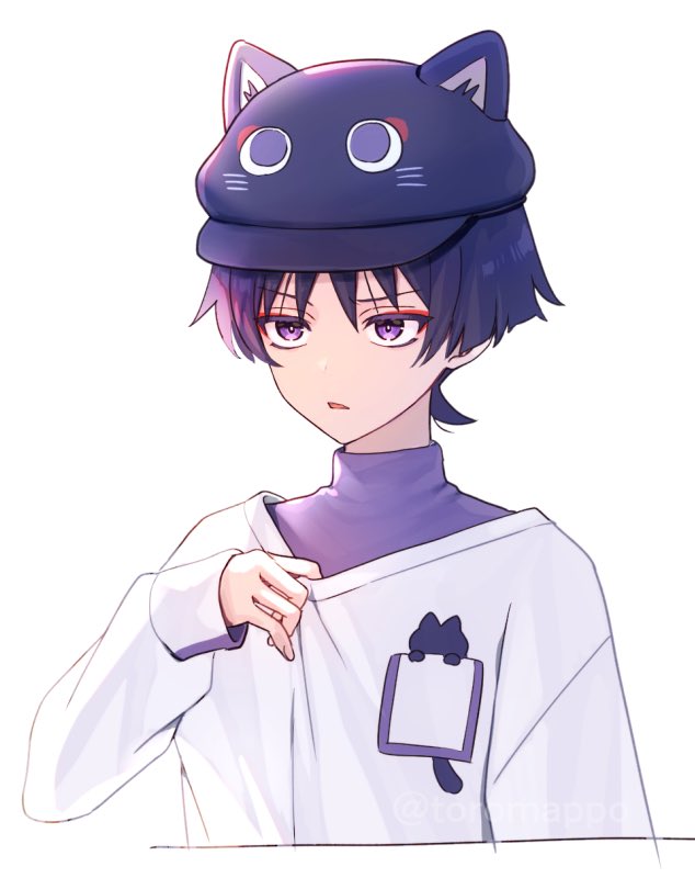 1boy alternate_costume animal_ears animal_hat cabbie_hat cat_hat commentary contemporary cropped_torso fake_animal_ears genshin_impact hair_between_eyes hat long_sleeves male_focus mikou_(toromappo) open_mouth parted_lips purple_hair purple_headwear scaramouche_(cat)_(genshin_impact) scaramouche_(genshin_impact) shirt short_hair solo symbol-only_commentary violet_eyes watermark white_background white_shirt
