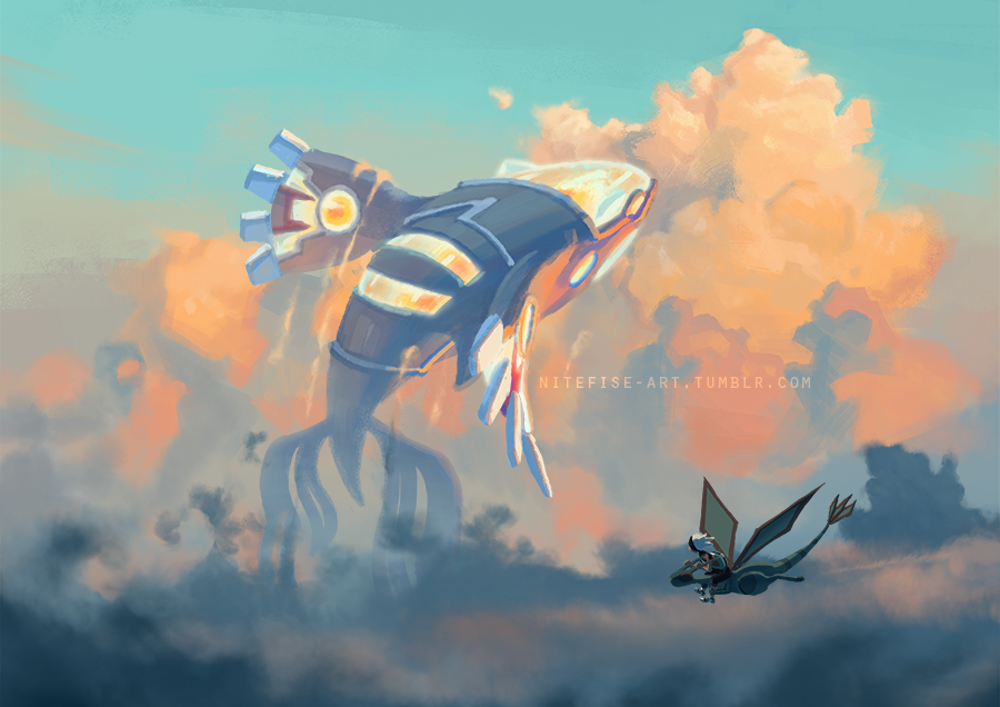 1boy above_clouds backpack bag beanie clouds commentary flygon hat kyogre male_focus nitefise outdoors pokemon pokemon_(creature) pokemon_oras primal_kyogre riding riding_pokemon shoes sitting sky watermark web_address white_headwear