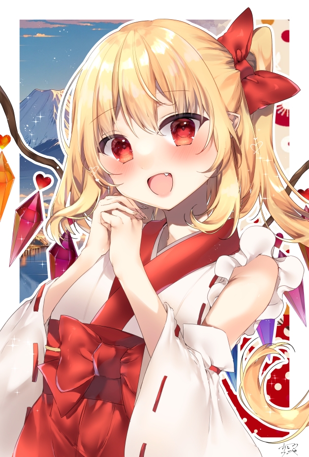 1girl blush chisiro_unya_(unya_draw) fang flandre_scarlet japanese_clothes long_hair miko open_mouth own_hands_together ponytail red_eyes red_ribbon ribbon solo touhou upper_body