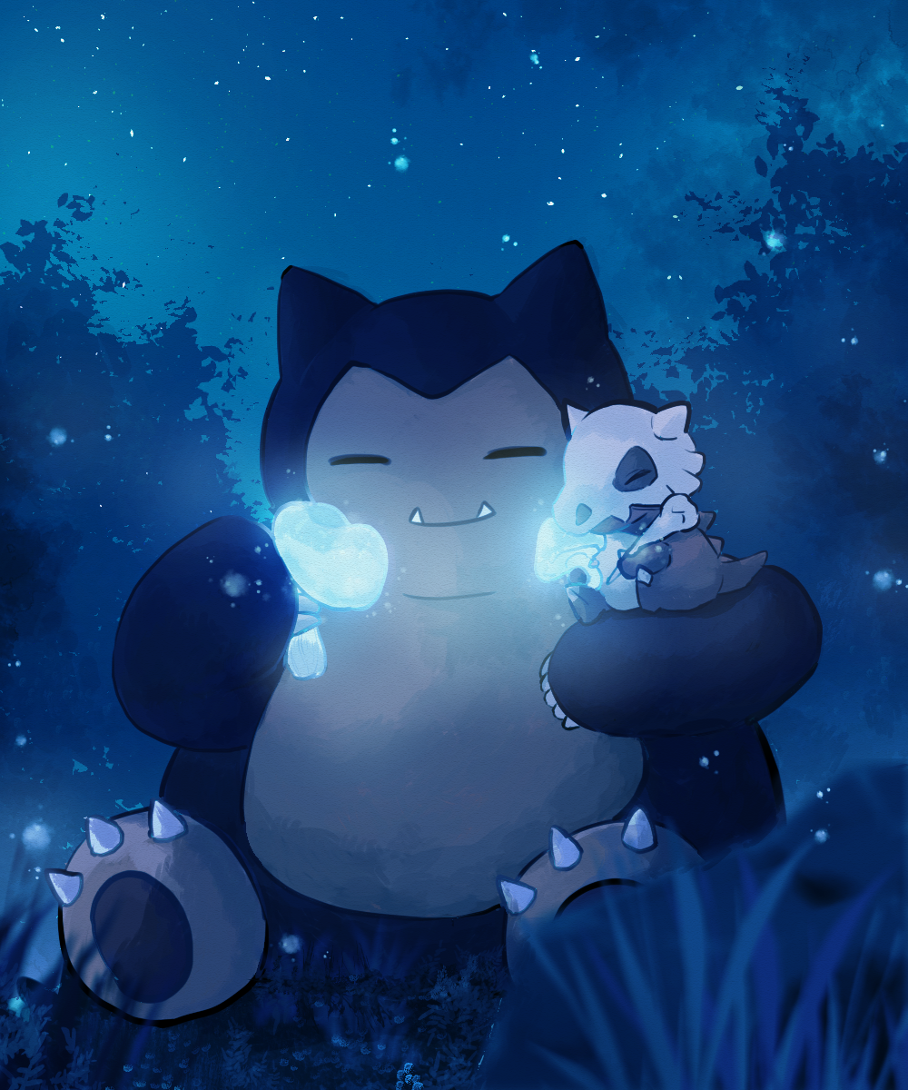 claws closed_eyes closed_mouth clouds commentary_request cubone fangs fangs_out glowing grass highres night no_humans oguraan outdoors pokemon pokemon_(creature) pokemon_on_arm sitting sky snorlax