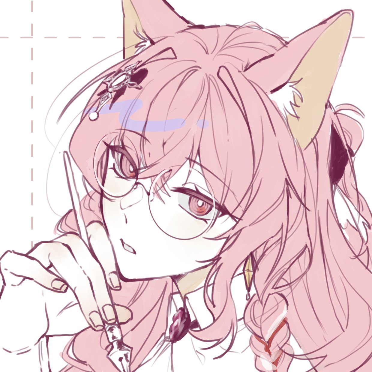 1girl animal_ears arknights bespectacled collared_shirt glasses hair_ornament hand_up highres holding holding_pen looking_at_viewer nib_pen_(object) panties parted_lips pen pink_eyes pink_hair portrait pozyomka_(arknights) round_eyewear shirt simple_background solo ucheong_1224 underwear white_background white_panties white_shirt wolf_ears wolf_girl