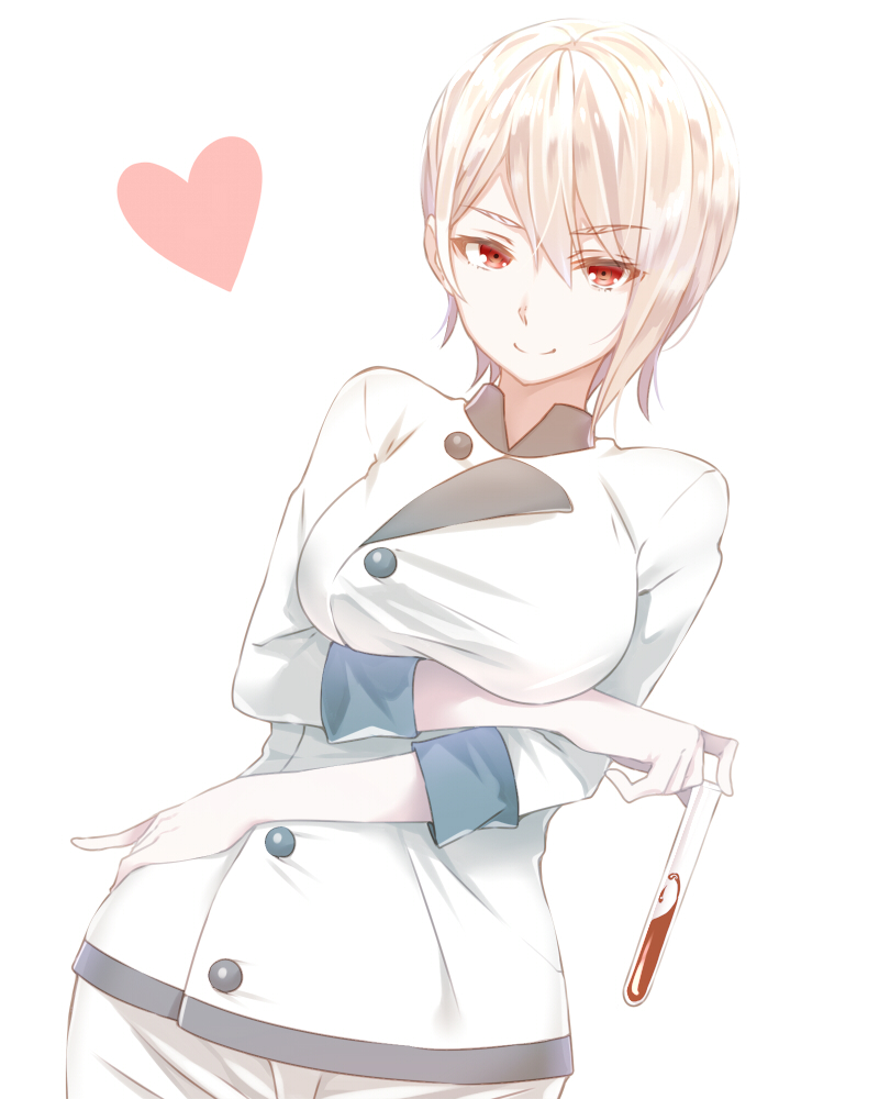 1girl breast_hold chef_uniform heart nakiri_alice shokugeki_no_souma simple_background smile solo test_tube white_background white_hair yuuuuu_(magia-mami)