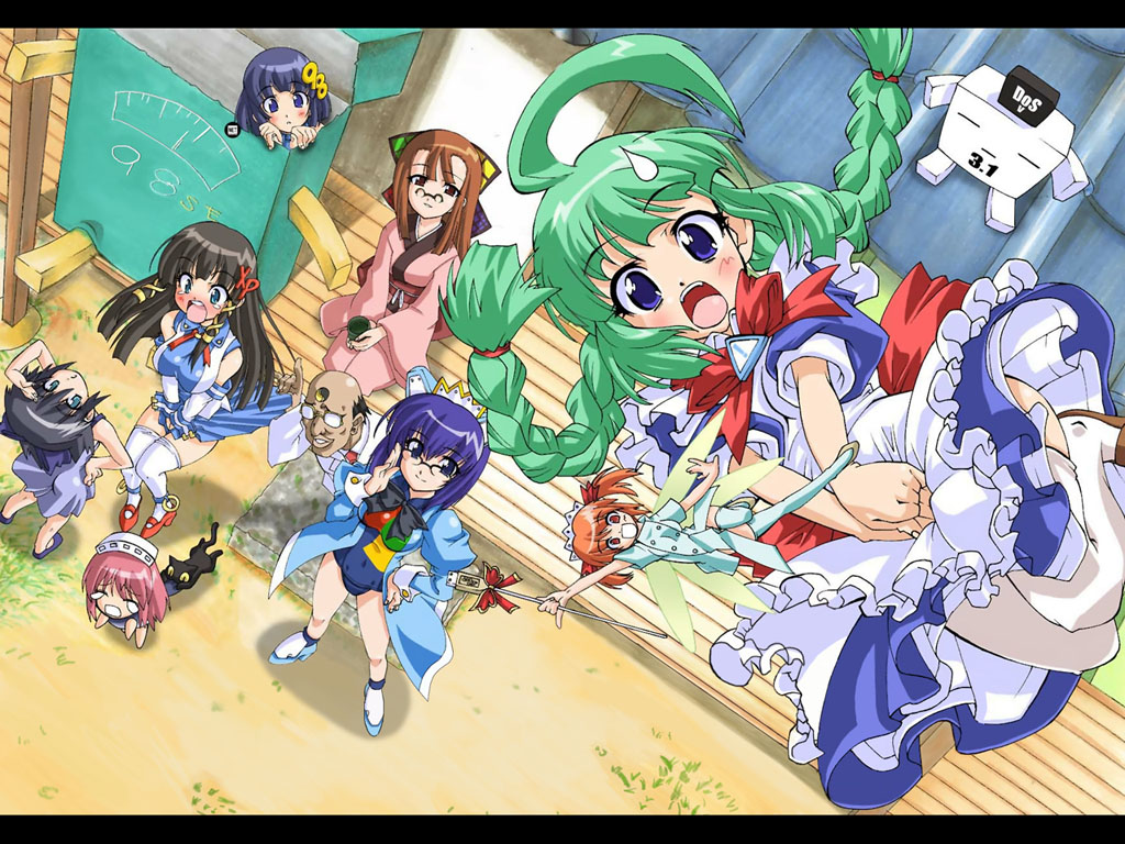 8girls 95 98 2000 98se black_hair blue_eyes blush braids brown_eyes brown_hair cat ce dos from_above glasses green_hair group japanese_clothes kimono letterboxed looking_at_viewer maid me open_mouth orange_hair os-tan purple_hair smile twintails wallpaper windows xp
