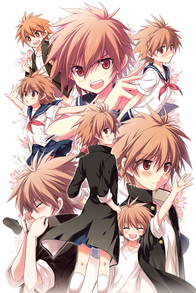 &gt;:d +_+ :d ^_^ arm_up arms_behind_back blush brown_hair closed_eyes covering_mouth eguchi_sera flower from_behind grin hands_on_hips jacket kneehighs loafers odawara_hakone open_mouth outstretched_arms pleated_skirt red_eyes saki saki_achiga-hen school_uniform serafuku shoes short_hair skirt sleeves_rolled_up smile spread_arms tears white_legwear