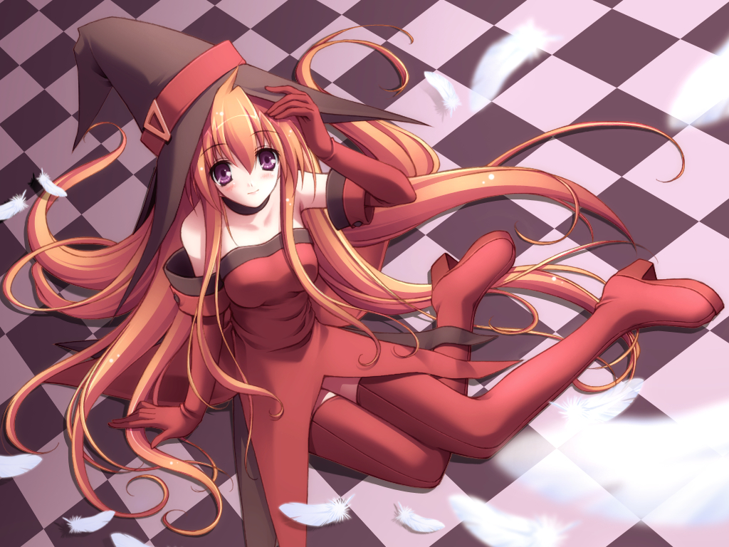 boots checkered cierra elbow_gloves feathers gloves hat high_heels long_hair purple_eyes red_hair red_legwear riviera shoes sitting smile thigh_boots thighhighs very_long_hair wallpaper witch witch_hat