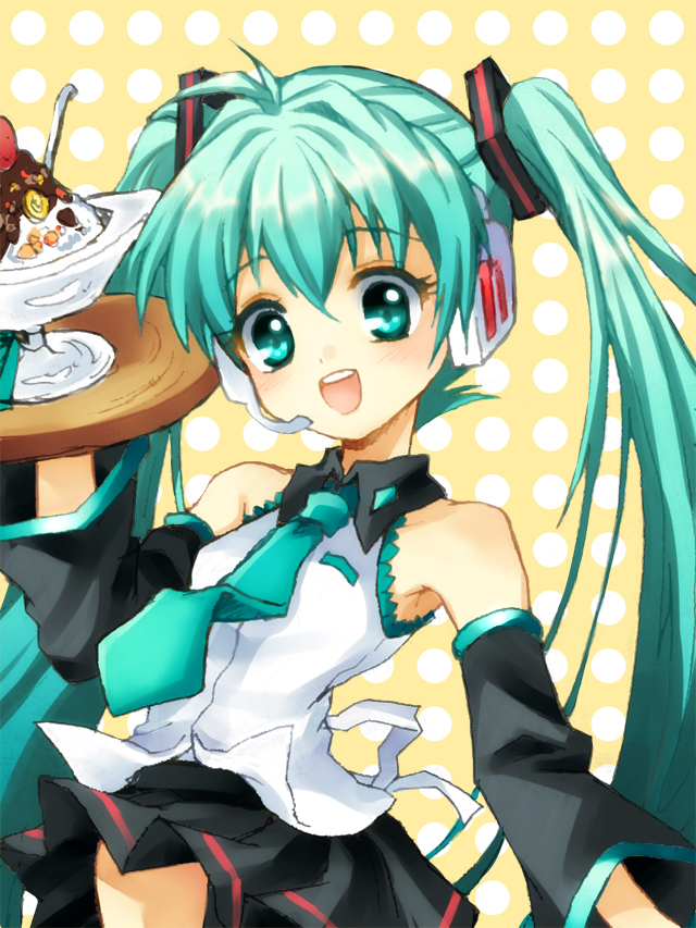 :d armpits bare_shoulders detached_sleeves food green_eyes green_hair hatsune_miku headset ice_cream long_hair mauve necktie open_mouth smile solo sundae tray twintails very_long_hair vocaloid