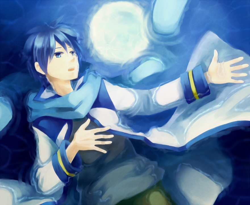 kaito male moon reflection sad scarf sekia_(akaino) vocaloid water