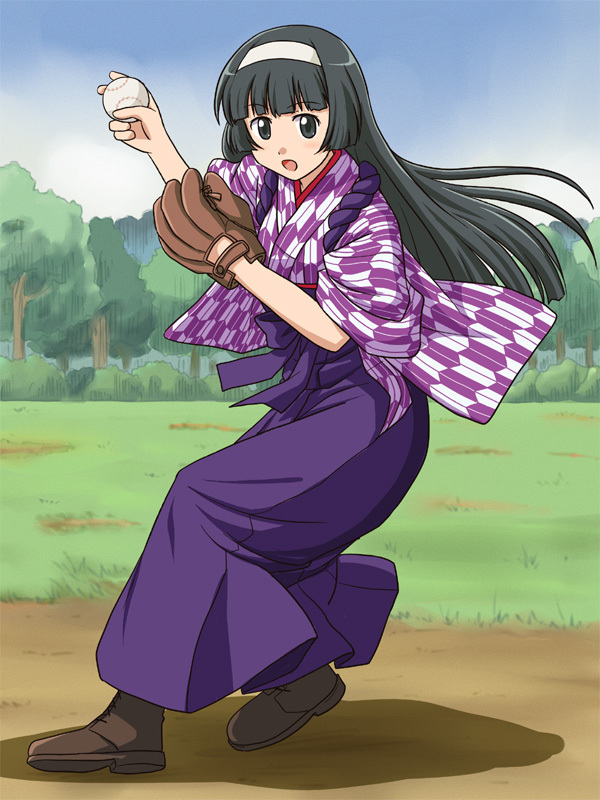 baseball_mitt black_hair hairband japanese_clothes lielos long_hair original souya_yuki taisho_era taishou_yakyuu_musume yagasuri