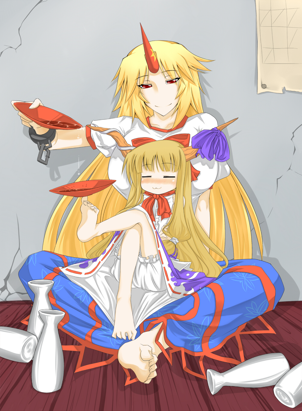 :3 barefoot blonde_hair bloomers blush bow cuffs feet hair_bow height_difference highres horn horns hoshiguma_yuugi ibuki_suika long_hair megatama multiple_girls red_eyes sakazuki sake sitting sitting_on_lap sitting_on_person smile touhou