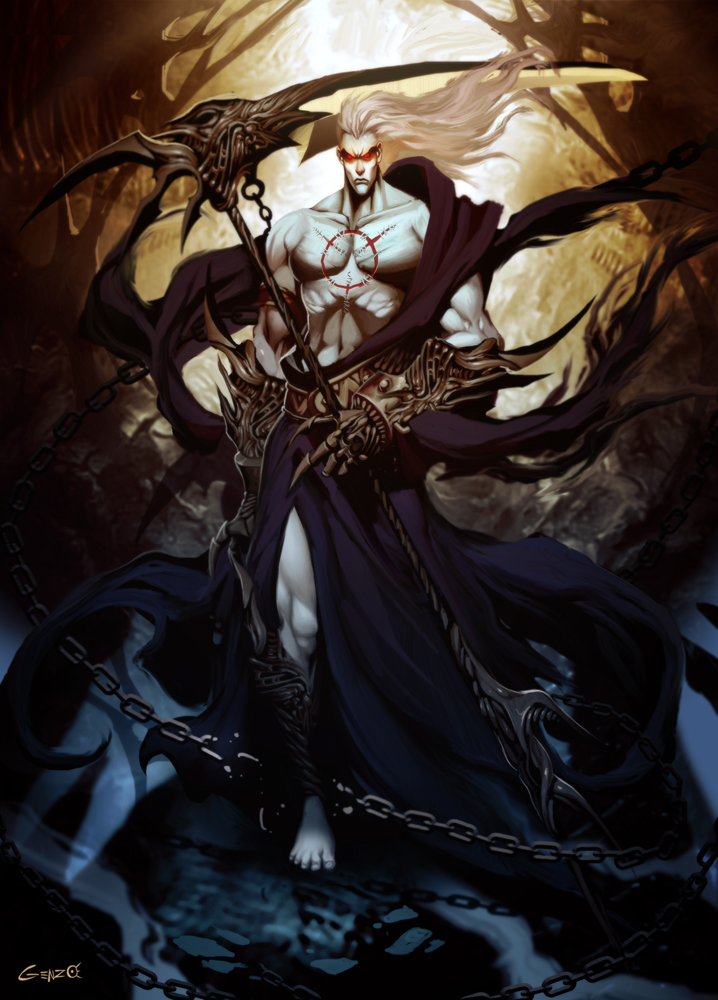 &gt;:( angry chain claws cloak darkness feet gauntlets genzoman god greek greek_mythology hades long_hair male manly muscle mythology no_shoes original red_eyes scythe solo tattoo tunic underworld white_hair